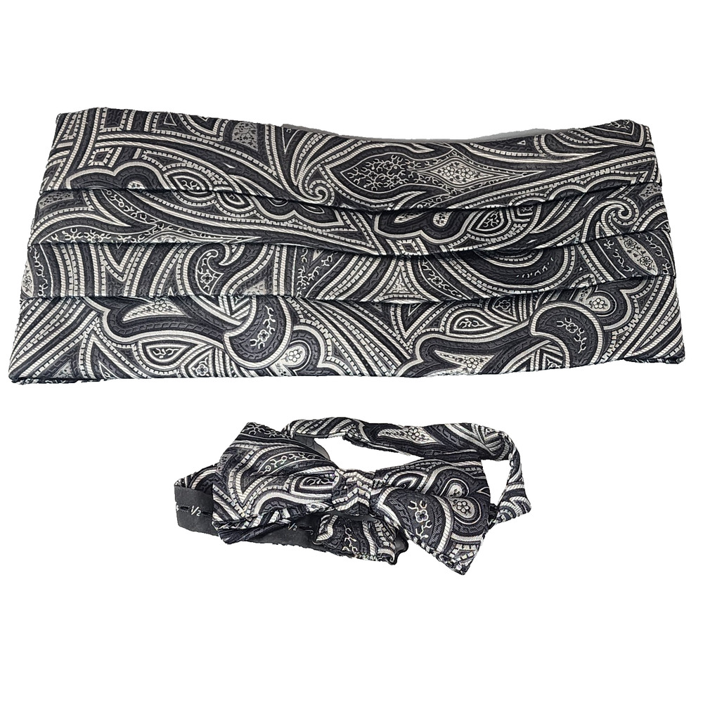 David Donahue Sterling Cummerbund + Bowtie Black/Silver Paisley 100% Silk Formal